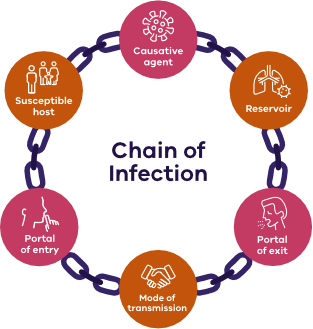 The 6 elements of the chain of infection: causative agent, resevoir, portal of exit, means of transmission, portal of entry, susceptible host