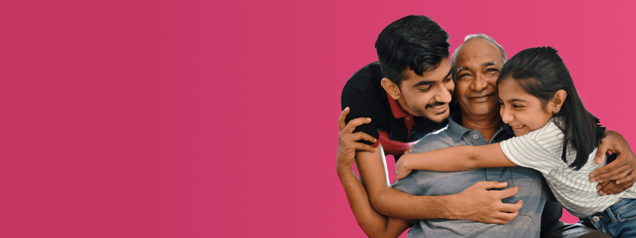 Multicultural Health Action Plan banner An man being hugged by his two children. The image is over a pink background.