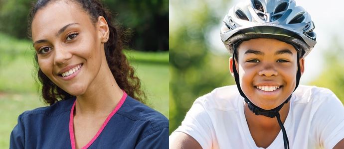 Three images spliced into one: a similing healthcare worker with crossed arms, a young child leaning on a bike, and a child hugging their family member