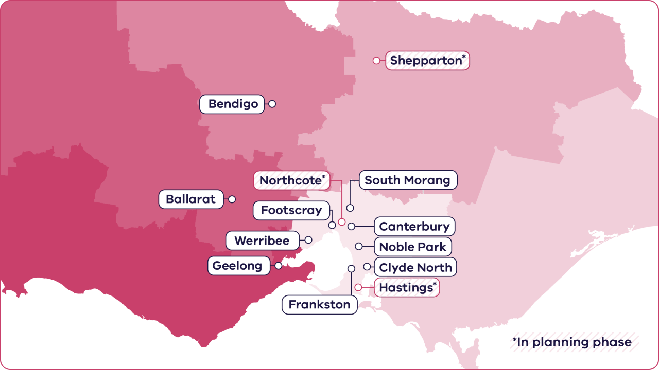 A map of Victoria, Australia, indicating the location of several Early Parenting Centres across the state.