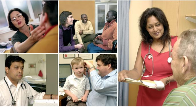 Decorative image of doctors with patients